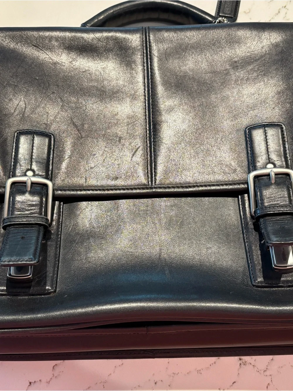 Coach Black Leather Briefcase Messenger with Buckle Accents
